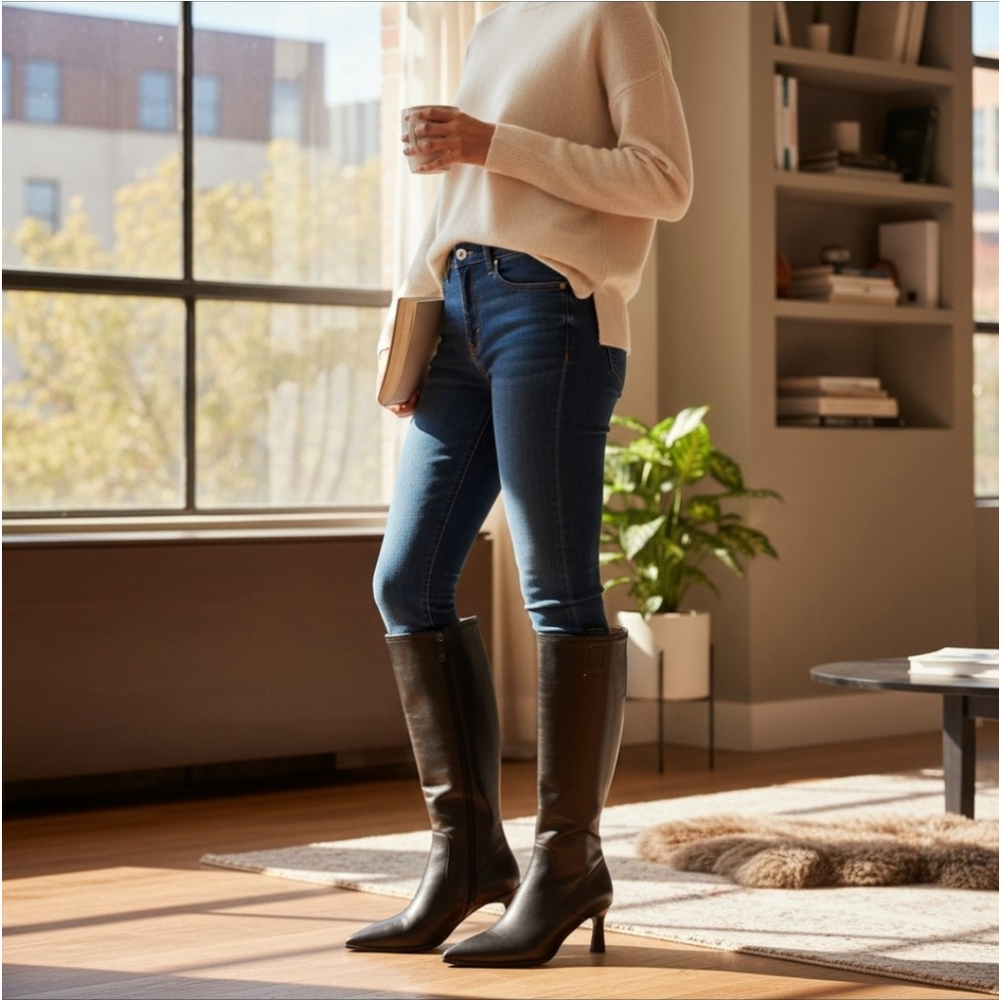 Franco Sarto Elegant Pointed Toe Knee High Tall Boots SZ 9 M REGULAR Calf BLACK